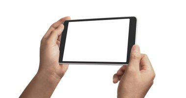 Tableti tutan eller izole ekran ile bilgisayar aygıtına dokunur