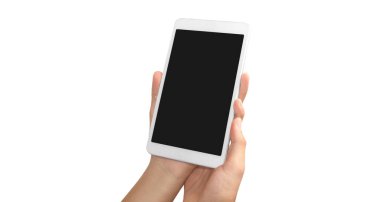 Tableti tutan eller izole ekran ile bilgisayar aygıtına dokunur