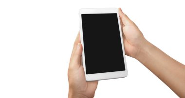 Tableti tutan eller izole ekran ile bilgisayar aygıtına dokunur