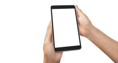 Tableti tutan eller izole ekran ile bilgisayar aygıtına dokunur