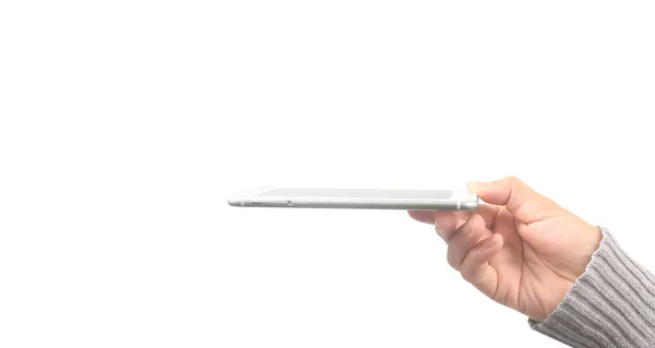 Tablet Colocado Mão Como Bandeja Com Isolado — Fotografia de Stock
