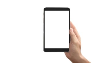 Ellerinde tablet, dokunmatik bilgisayar aleti var.