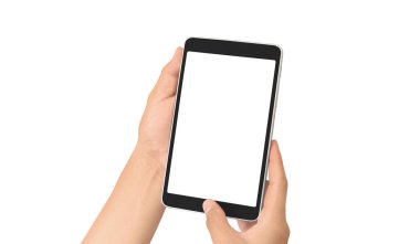 Ellerinde tablet, dokunmatik bilgisayar aleti var.