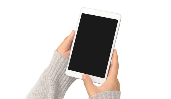 Mãos Segurando Dispositivo Computador Tablet Touch — Fotografia de Stock