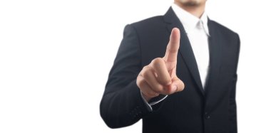 İş adamı sanal ekrana basıyor. El işaretli geleceksel arayüz