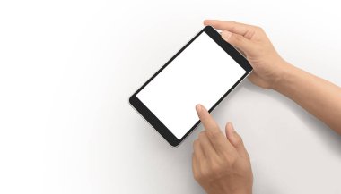 Tableti tutan eller izole ekran ile bilgisayar aygıtına dokunur