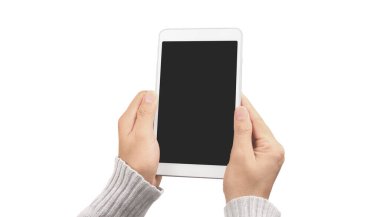 Tableti tutan eller izole ekran ile bilgisayar aygıtına dokunur