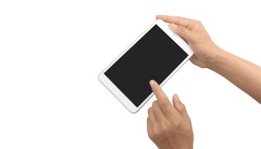 Tableti tutan eller izole ekran ile bilgisayar aygıtına dokunur