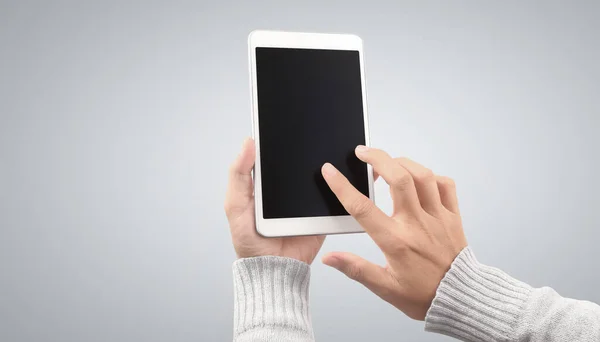 Ręce Trzymające Tablet Dotykowy Gadżet Komputerowy Izolowanym Ekranem — Zdjęcie stockowe