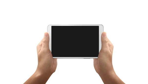Tableti Tutan Eller Izole Ekran Ile Bilgisayar Aygıtına Dokunur — Stok fotoğraf