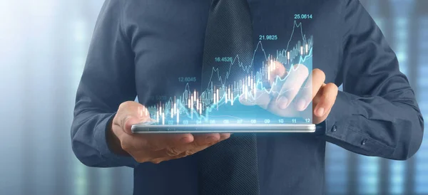 Affärsman Plan Graftillväxt Och Ökning Diagram Positiva Indikatorer Sin Verksamhet — Stockfoto