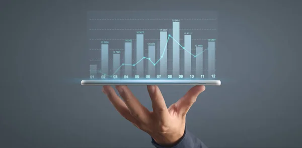 Planera Graftillväxt Och Ökning Diagram Positiva Indikatorer Sin Verksamhet Surfplatta — Stockfoto