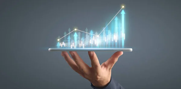 Planera Graftillväxt Och Ökning Diagram Positiva Indikatorer Sin Verksamhet Surfplatta — Stockfoto