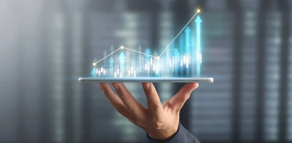 Planera Graftillväxt Och Ökning Diagram Positiva Indikatorer Sin Verksamhet Surfplatta — Stockfoto