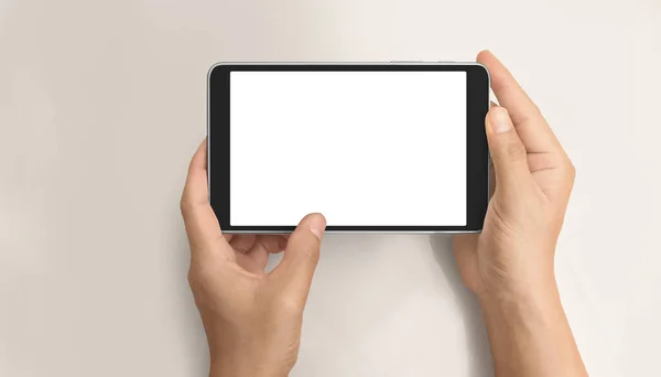Hände Halten Tablet Touch Computer Gadget Mit Isoliertem Bildschirm — Stockfoto