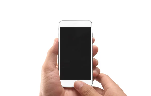 Tangan Memegang Perangkat Smartphone Dan Menyentuh Layar — Stok Foto