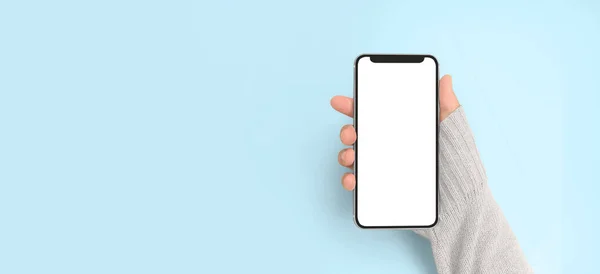 Mão Segurando Dispositivo Smartphone Tela Tocante — Fotografia de Stock