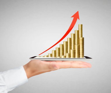 grafik, altın madeni paralarla tablet 