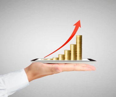 grafik, altın madeni paralarla tablet 