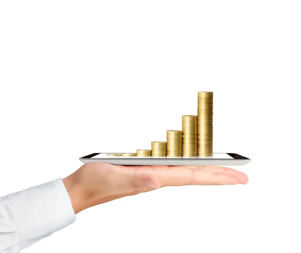 Tablet with the graph ,gold coins — Stock Photo, Image