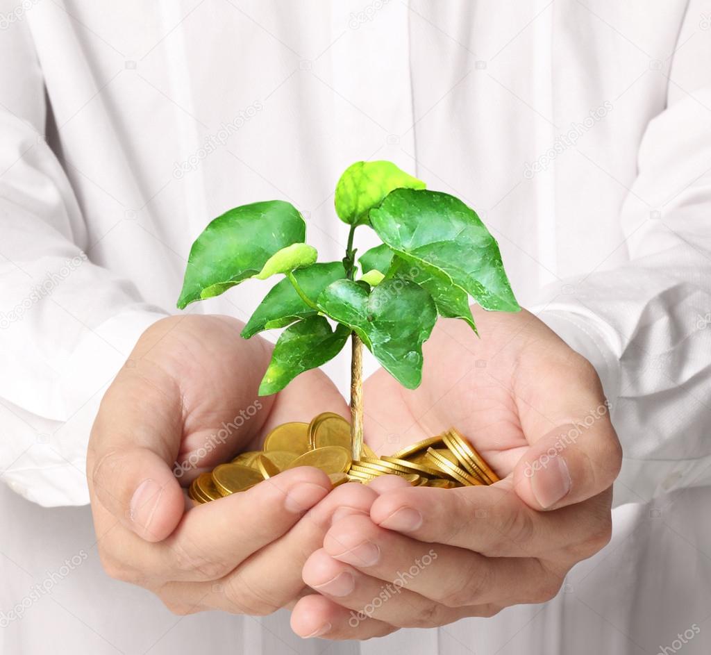 Man holding plant sprouting from a handful of coins 