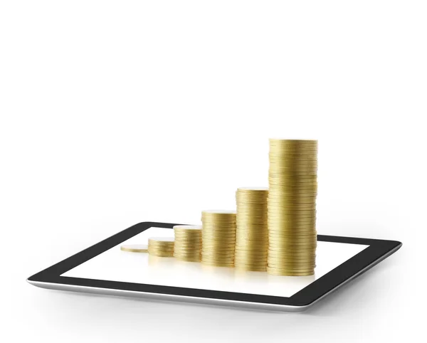 Tablet  with business graph and golden coin — Stock Photo, Image