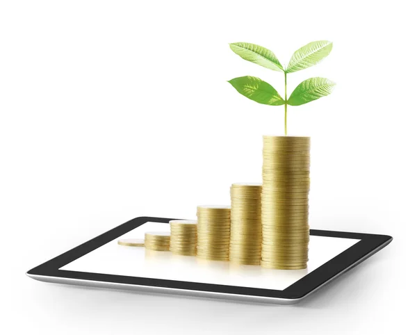 Tablet  with business graph and golden coin — Stock Photo, Image