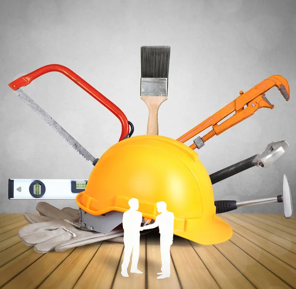 Yellow helmet plastic safety and tools — Stock Photo, Image