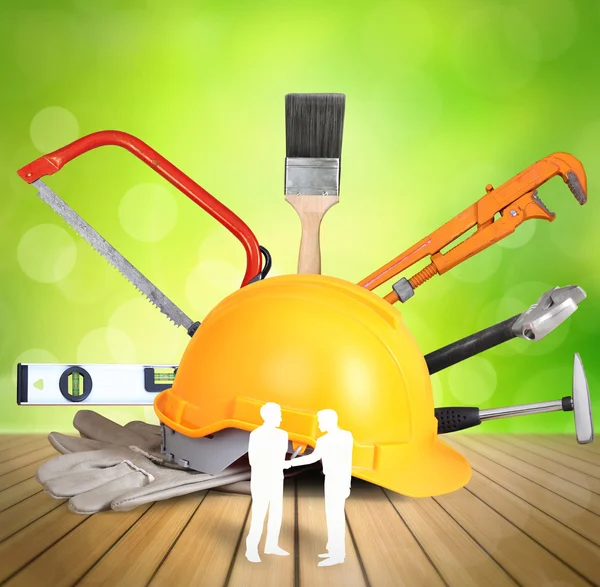 Yellow helmet plastic safety and tools — Stock Photo, Image