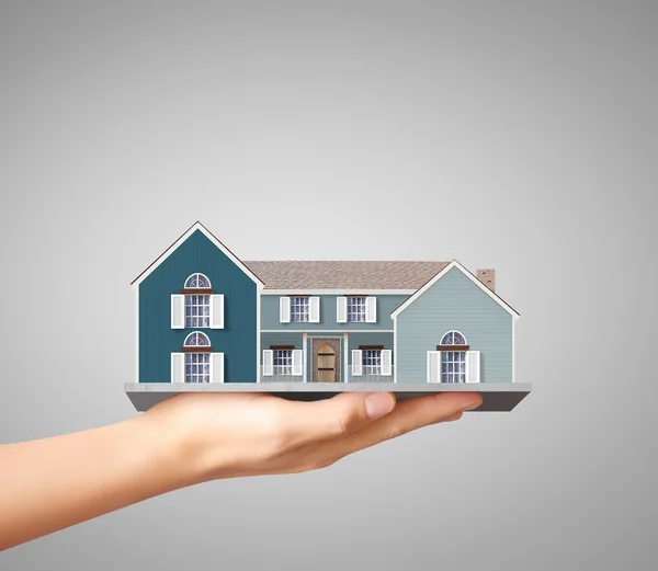 Holding home model, loan concept — Stock Photo, Image