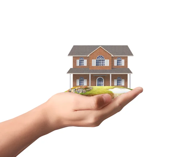 Holding home model, loan concept — Stock Photo, Image