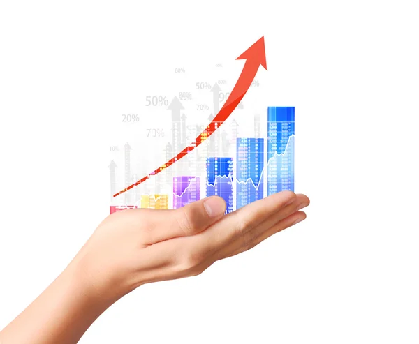 Nvestment concept with financial chart symbols coming from hand — Stock Photo, Image