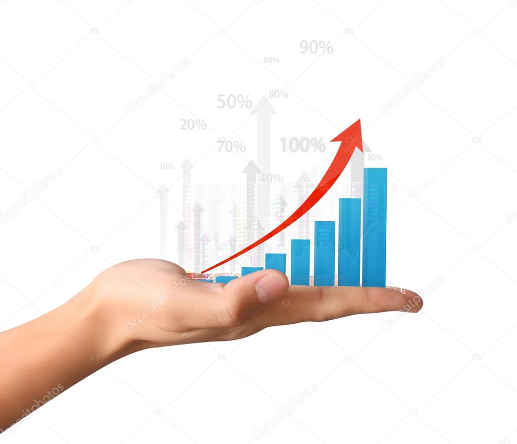 nvestment concept with financial chart symbols coming from hand 