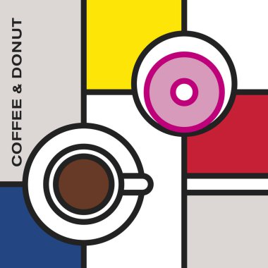 Kahve fincanı ve tabağın üzerinde pembe donut. Dikdörtgen renkli blokları olan modern tarz sanat. Piet Mondrian tarzı desen.