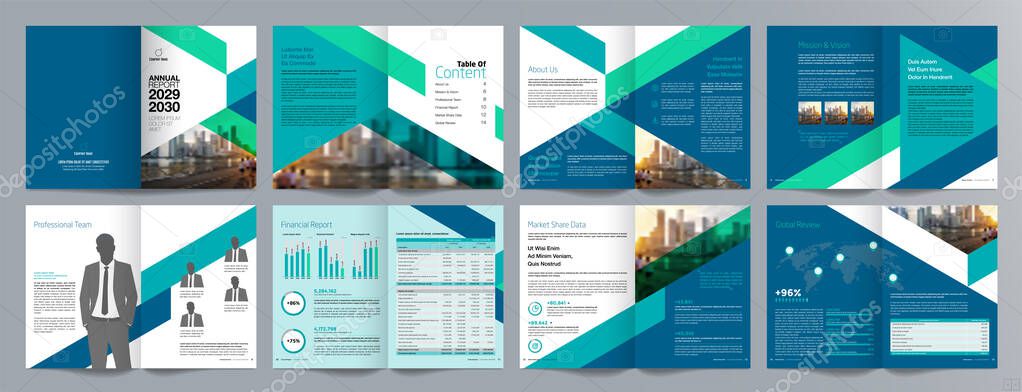 Corporate business presentation guide brochure template, Annual report, 16 page minimalist flat geometric business brochure design template, A4 size
