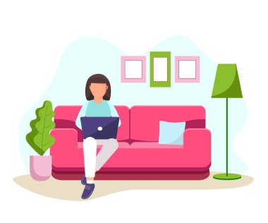 Koyu tenli bir kadının bir kanepede dizüstü bilgisayarla oturup evden çalışmasının bir çizimi. Öğrenci ya da serbest çalışan