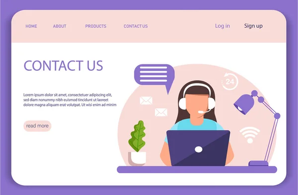 Kundenservice Landing Page. Konzeptillustration für Unterstützung, Unterstützung, Call Center. Frau mit Kopfhörer und Mikrofon mit Laptop. — Stockvektor