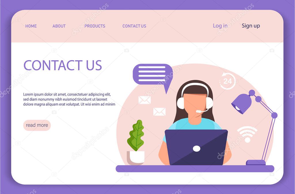 Customer service landing page. Concept illustration for support, assistance, call center. Woman with headphones and microphone with laptop.