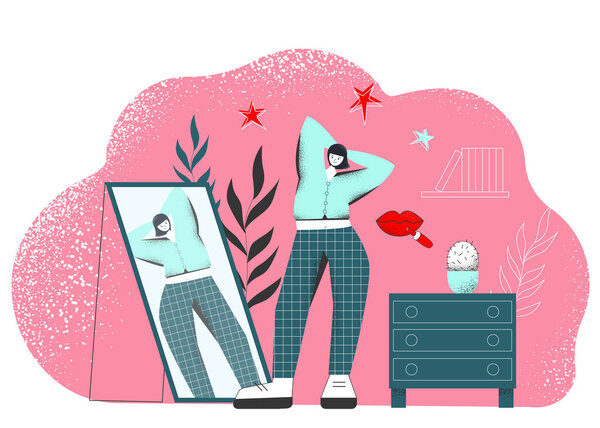 The girl admires herself in the mirror. Self-confident young girl, beautiful, modern.