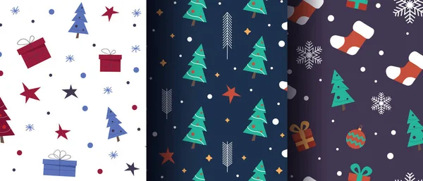 Jednoduché vánoční bezešvé jasné vzory nastaveny. Pozadí lze použít pro tapety, výplně vzorů, pozadí webových stránek, povrchové textury — Stockový vektor