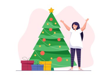 Ağacın yanında Noel hediyesiyle sevimli bir kız. Noel ve Yeni Yıl kartı.