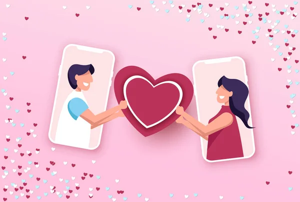 Saint Valentin, échange de sms d'amour à distance. En ligne sortir ensemble app concept plat. — Image vectorielle