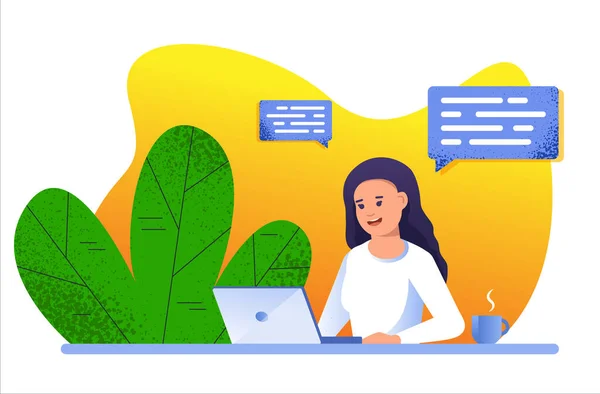 La mujer de negocios en el escritorio está trabajando en la computadora portátil. Ilustración vectorial en estilo plano — Archivo Imágenes Vectoriales