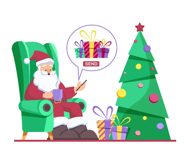 Der Weihnachtsmann sitzt auf einem Stuhl und verschickt in der Handy-App Weihnachtsgeschenke. Frohe Weihnachten und ein gutes neues Jahr — Stockvektor