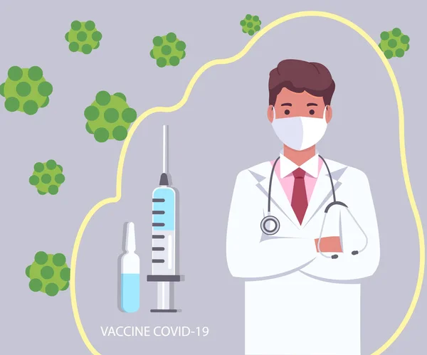 Lucha contra el coronavirus médico y el concepto de virus de lucha jeringa — Vector de stock