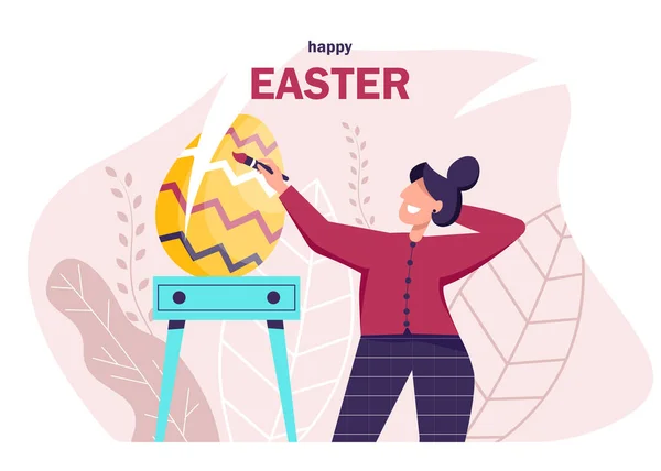 Šťastná žena slaví Velikonoce a maluje velikonoční vajíčka. Tradiční jarní prázdniny designové prvky a charaktery.Veselé Velikonoce. Obří velikonoční vajíčka a lidé se připravují na večírek — Stockový vektor