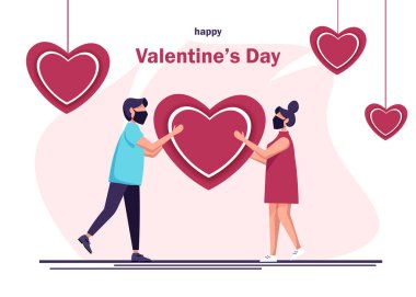 Sevgililer Günü 'nü kutlamak için koronavirüsü önlemek için maske takan mutlu insanlar. Bir erkek bir kıza kalp verir. Mutlu bir erkek ve kadının vektör çizimi