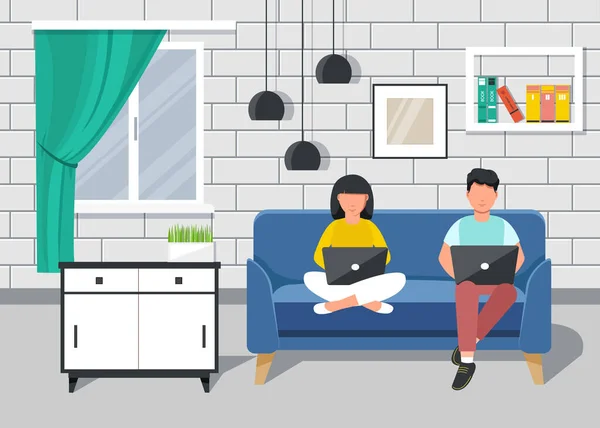 Oficina central. Personas que trabajan desde casa sentadas en un sofá, estudiante o freelancer. — Vector de stock
