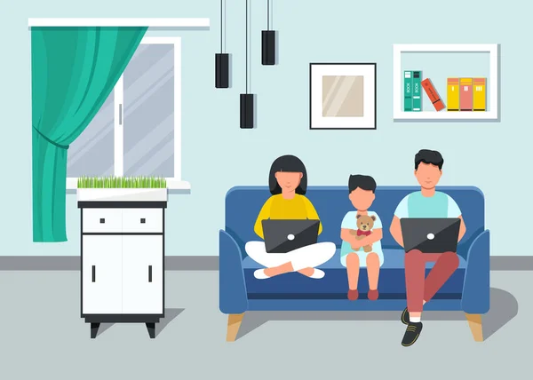 Freelancer. Familia con un niño pequeño trabajando desde casa en un portátil sentado en el sofá. Ministerio del Interior. — Vector de stock