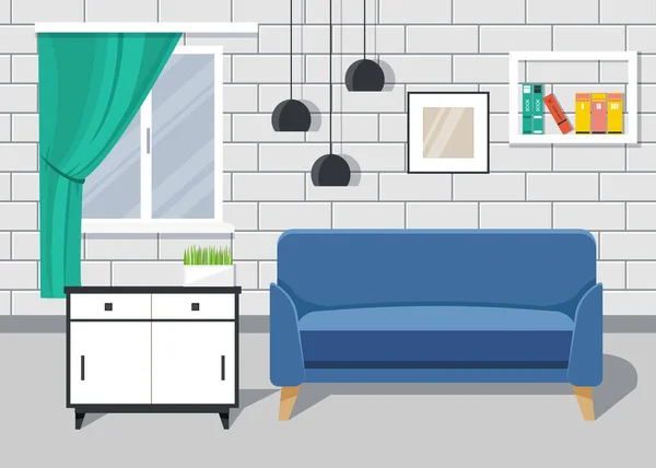 Acogedor elegante salón interior con sofá azul, ventana, bordillo, lámparas. Ilustración de vector de estilo plano — Vector de stock